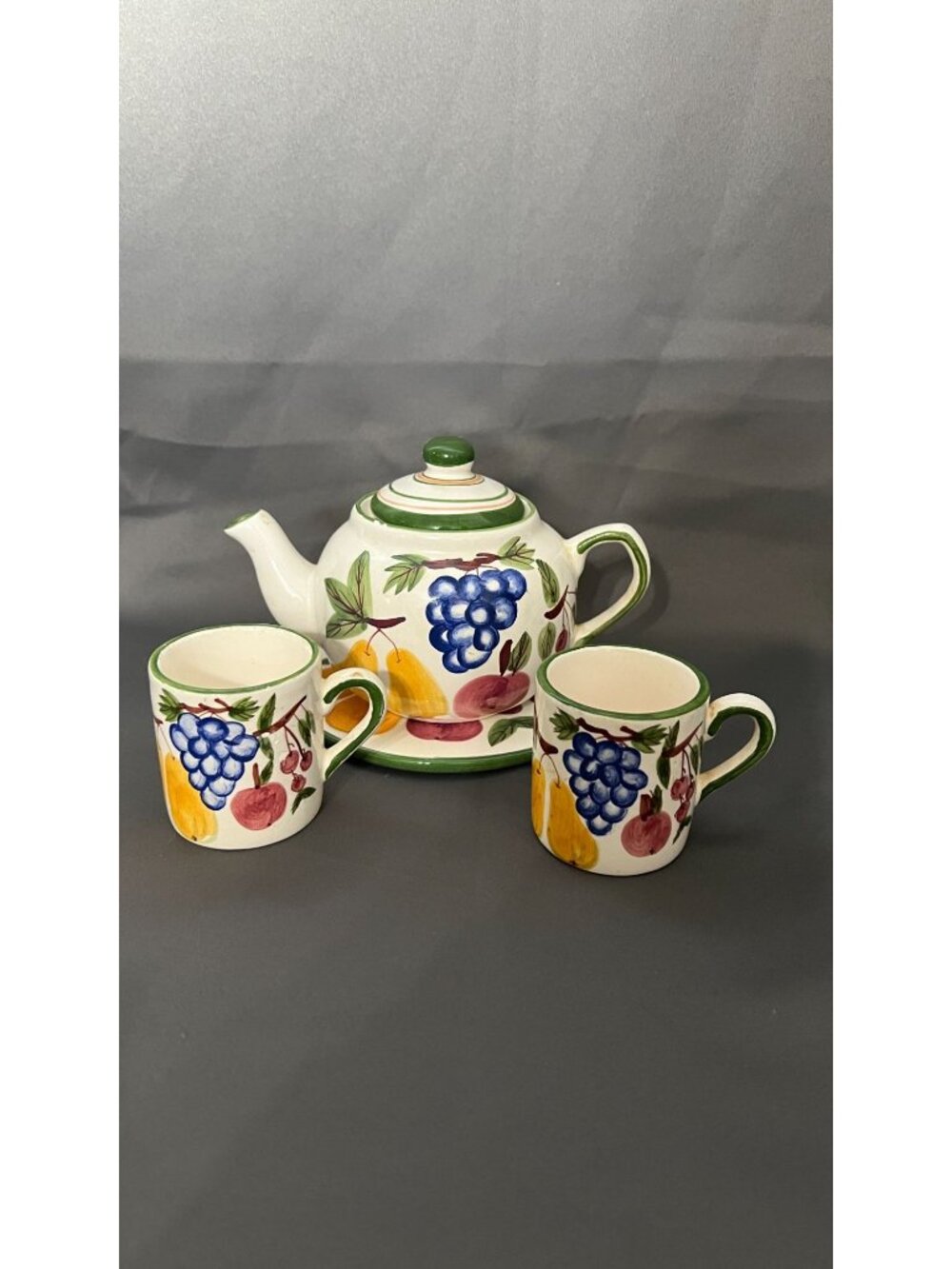 Hand-Painted Ceramic Teapot Set With Fruit Design & 2 Matching Mugs - Vintage Lo